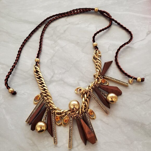 ✨ J.Crew Geometric Wood Rhinestones Crystals Balls Cord Necklace ✨ - Picture 8 of 16